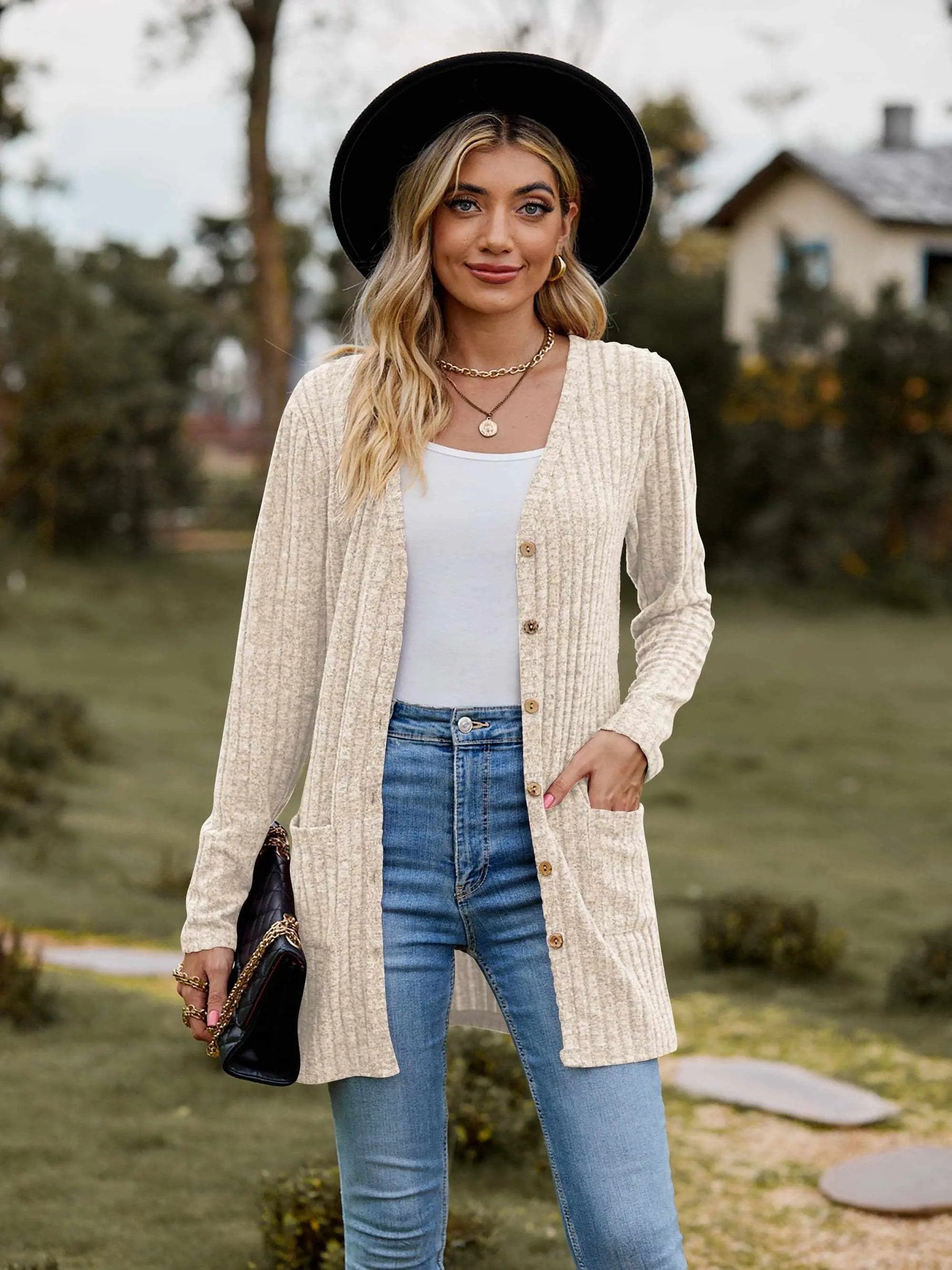 Heathered ribbed cardigan with pockets - Love Salve